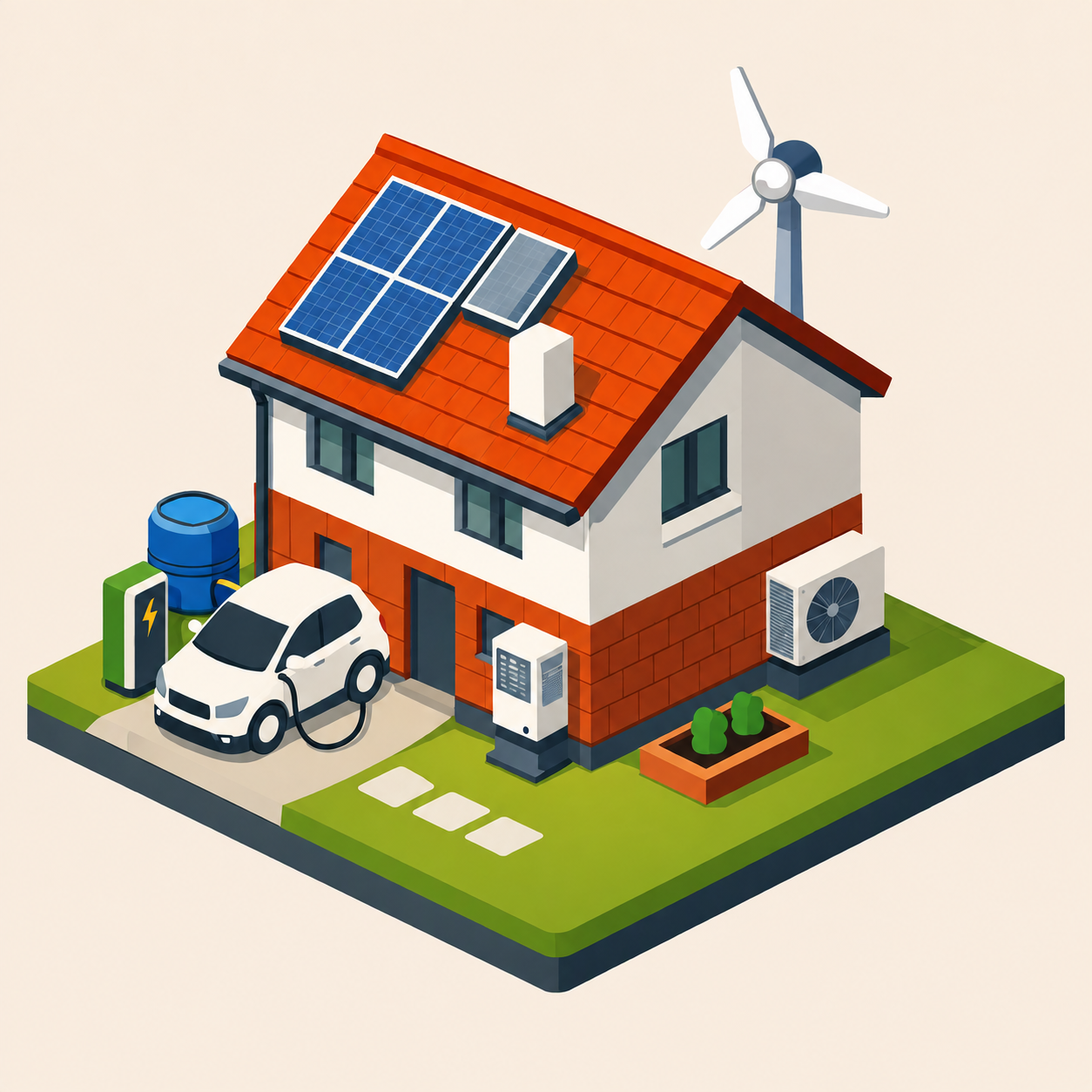 Isometrische duurzame woning met zonnepanelen, warmtepomp, laadpaal, elektrische auto, thuisaccu en windturbine